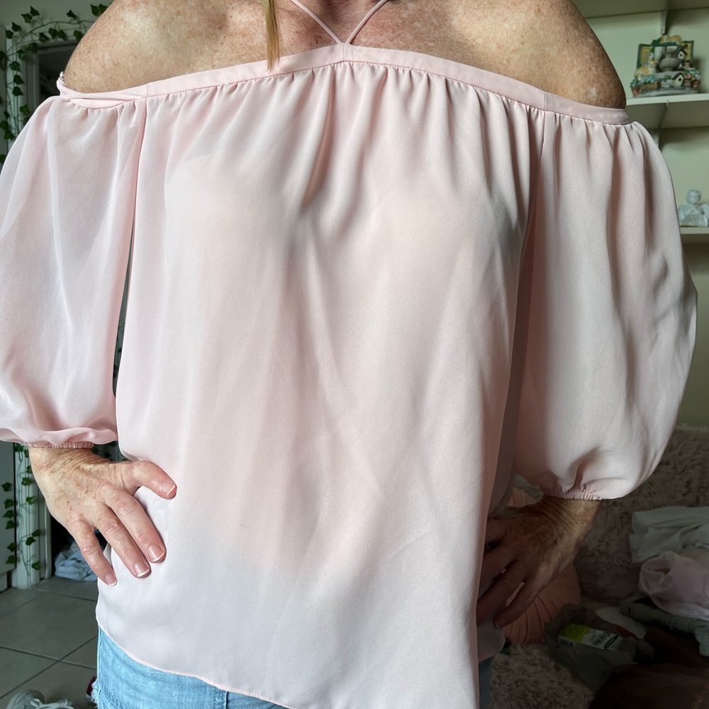 1. StateOff the Shoulder Sheer Chiffon Blouse Pink Tafetta